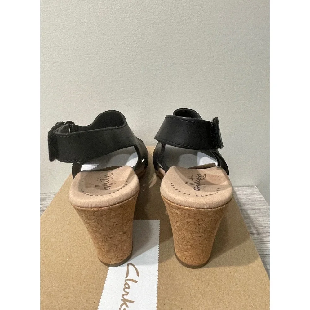 Clarks‎ Lafley Joy Black Leather Perforated Wedge Sandals 8.5M 45421 New
